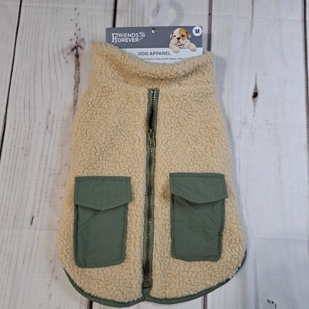 Friends Forever Dog Coat MEDIUM Tan Sherpa with Fleece Lining